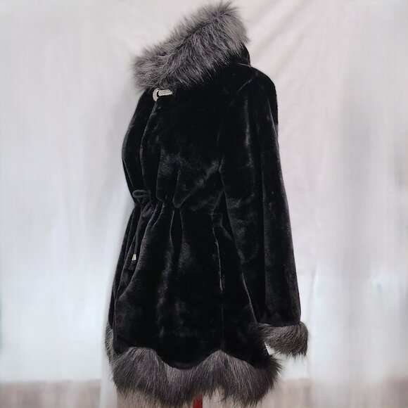 Black & Grey Faux Fur Jacket with Jewelled Rhinestone Closure and Hood - Picture 1 of 9